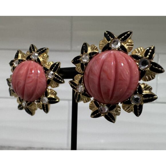 Vtg Craft Signed Cabochon Coral & Rhinestone Flower Statement Clip On Earrings - Picture 4 of 8